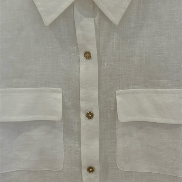 NWT Calvin Klein Linen Roll Sleeve Button Front Blouse in White - Picture 3 of 7